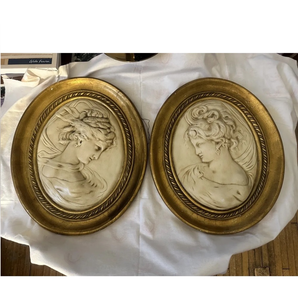COPY - Vintage Alexander Backer Chalkware Pair Victorian Cameo Wall Plaques